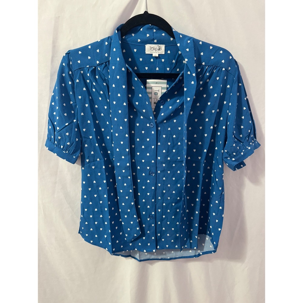 Tulip B Heart Print Bow Tie Neck Blouse Womens S Blue Retro Coquette NWT